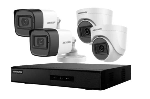 Combo de Seguridad Hikvision – 2 Cámaras Domo + 2 Cámaras Bullet + DVR 4 Canales + Fuente y Accesorios